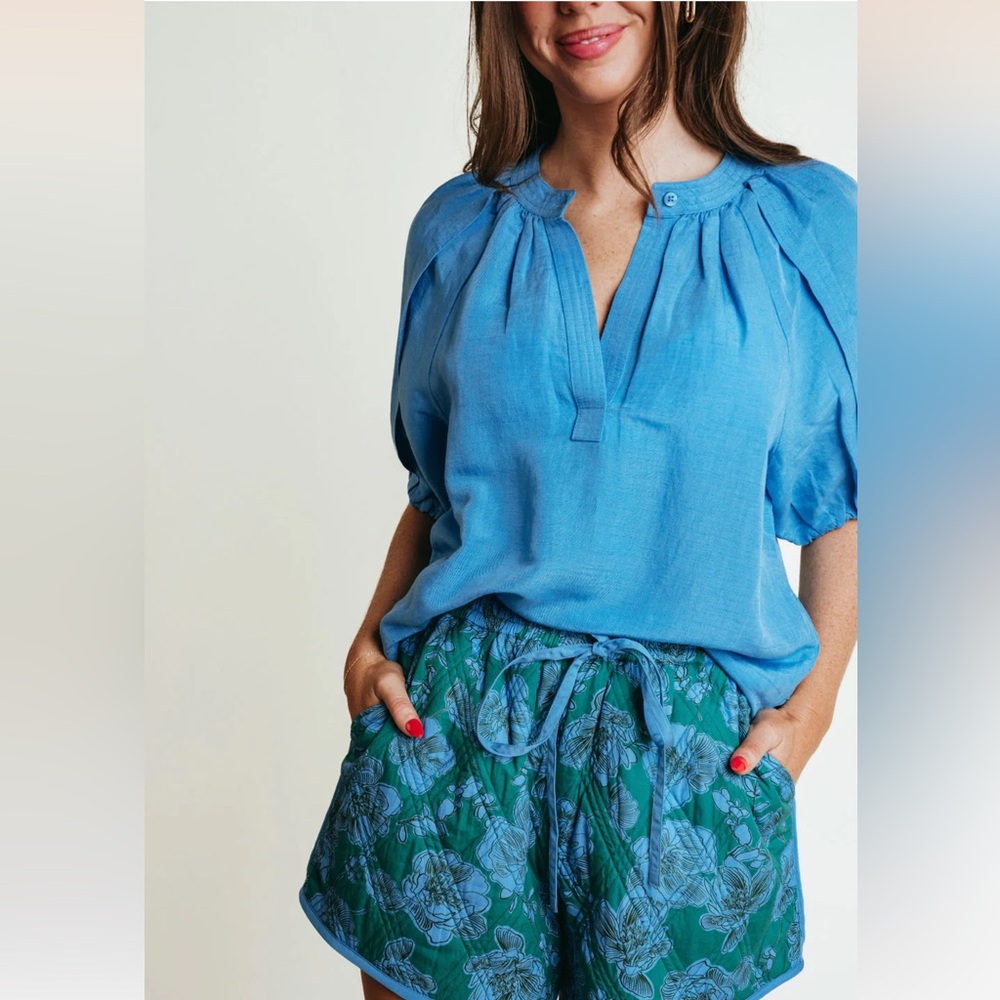 Blue Blouse and Green Floral Drawstring Shorts Set